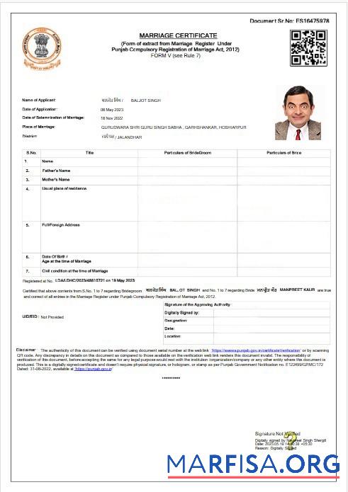 Downloadable India Punjab marriage registrar marriage certificate template